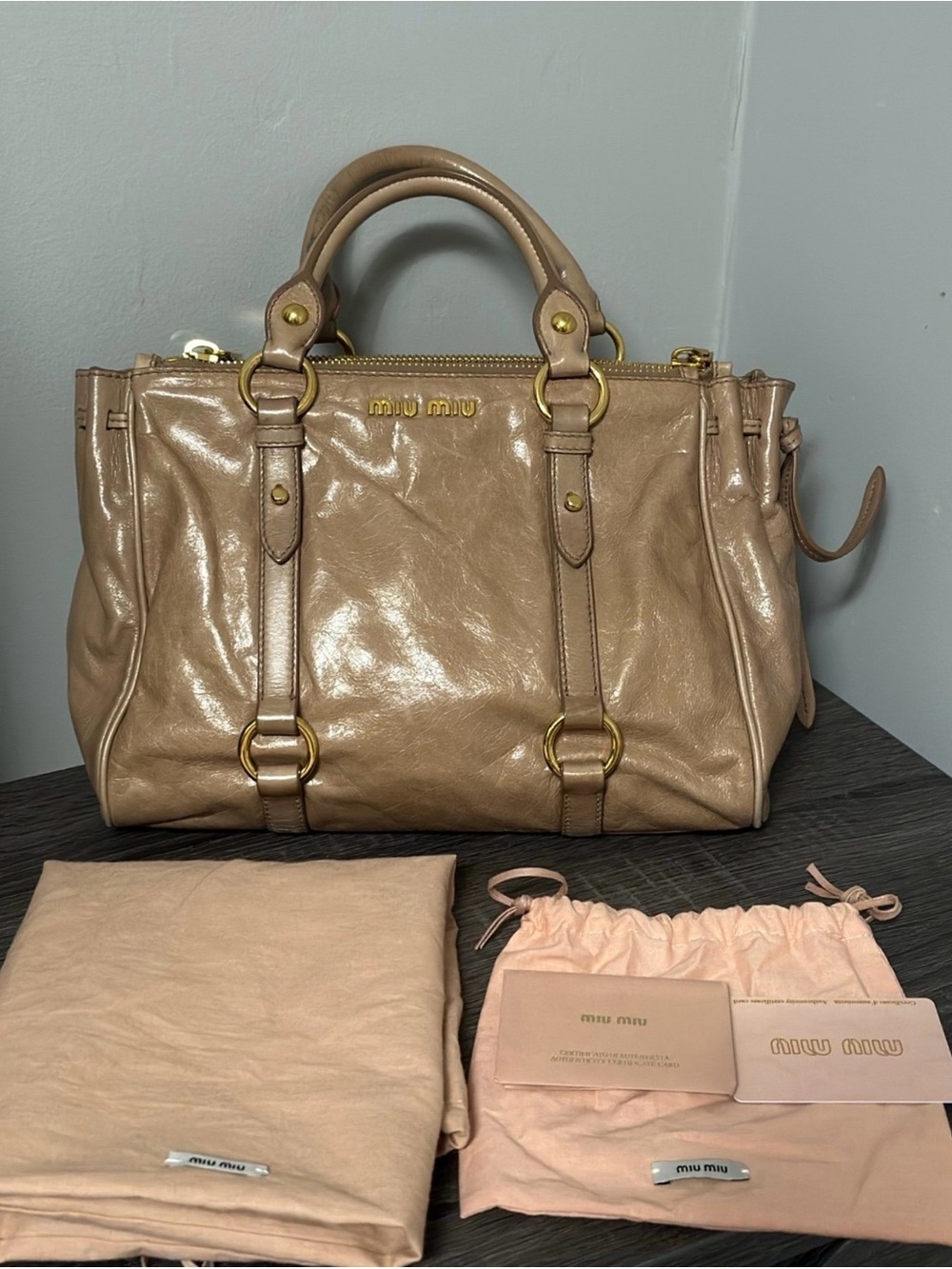 Authentic Vintage Miu Miu Vitello Shine Double Zip Tote Leather Bag
